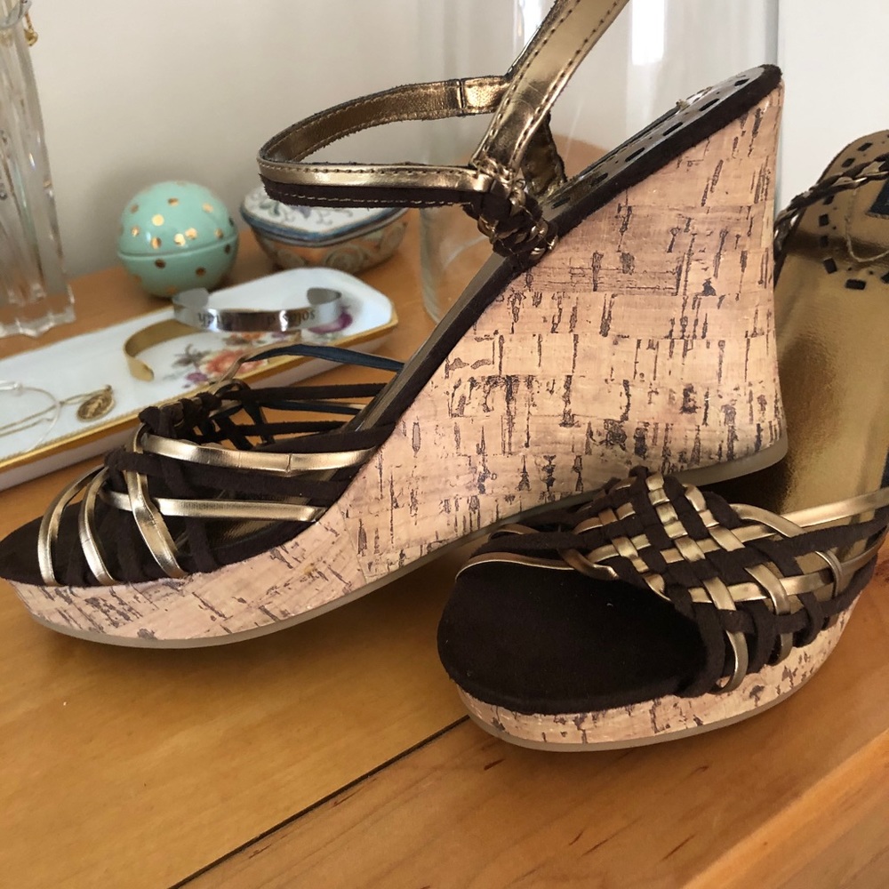 Metallic & suede cork wedge sandals